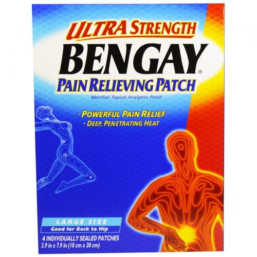 Bengay, Ultra Strength Pain Relieving Patch, Large Size, 4 Patches, 3.9 in x 7.9 in (10 cm x 20 cm)