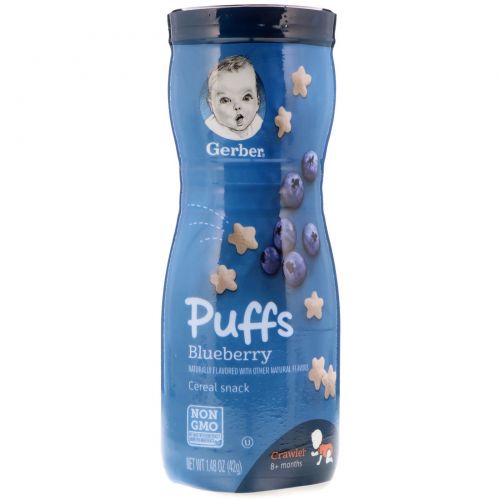 Gerber, Puffs, закуска ихз хлопьев, для ползающего малыша, от 8 месяцев, черника, 1,48 унц. (42 г)