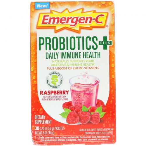 Emergen-C, Probiotics Plus Daily Immune Health, Raspberry, 30 Packets, 0.20 oz (5.6 g) Each