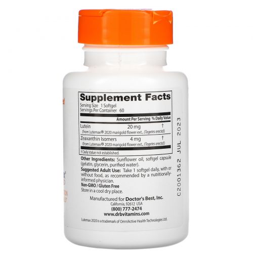 Doctor's Best, Best Lutein Featuring Lutemax, 20 mg, 60 Softgels