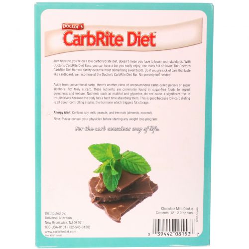 Universal Nutrition, Doctor's CarbRite Diet, батончик без сахара, шоколадное мятное печенье, 12 батончиков, по 2 унции (56,7 г) каждый
