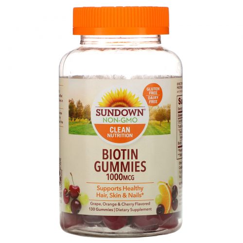 Sundown Naturals, Биотин, со вкусом винограда, апельсина и вишни, 1000 мкг, 130 желатиновых конфет