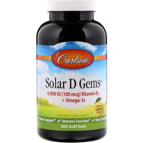 Carlson Labs, Solar D Gems, с натуральным лимонным вкусом, 360 желатиновых капсул