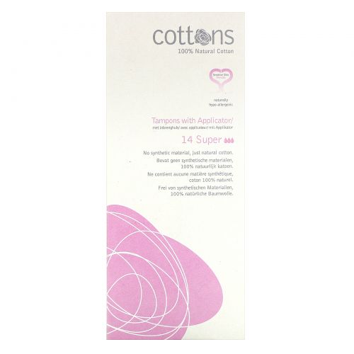 Cottons, 100% Natural Cotton, Tampons with Applicator, Super, 14 Tampons