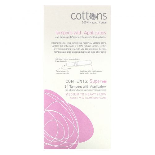 Cottons, 100% Natural Cotton, Tampons with Applicator, Super, 14 Tampons