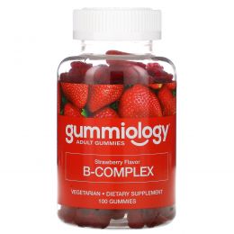 Gummiology, B Complex, жевательные таблетки для взрослых с комплексом витаминов В, натуральный клубничный вкус, 100 вегетарианских жевательных таблеток