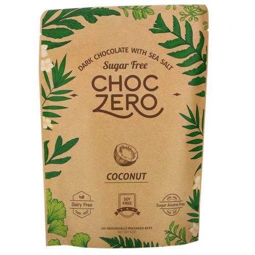 ChocZero, Dark Chocolate With Sea Salt, Coconut, Sugar Free, 6 Bars, 1 oz Each