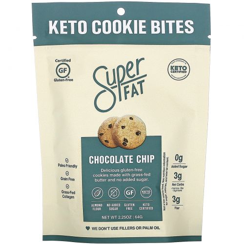 SuperFat, Keto Cookie Bites, Chocolate Chip, 3 Packs, 2.25 oz (64g) Each