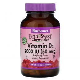 Bluebonnet Nutrition, EarthSweet, витамин D3, натуральный клубничный ароматизатор, 2,000 МЕ, 90 жевательных таблеток