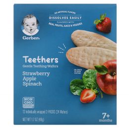 Gerber, Teethers, Gentle Teething Wafers, 7+ Months, Strawberry Apple Spinach, 24 Wafers, 1.7 oz (48 g)