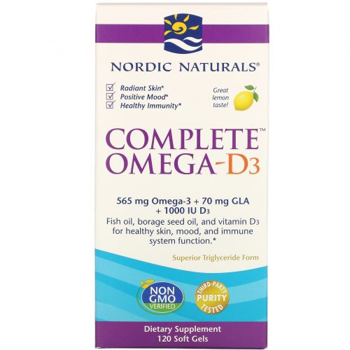 Nordic Naturals, Complete Омега D3, вкус лимона, 1000 мг, 120 капсул