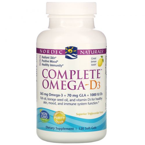 Nordic Naturals, Complete Омега D3, вкус лимона, 1000 мг, 120 капсул