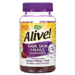 Nature's Way, Alive! Hair, Skin & Nails Gummies, Strawberry Flavored, 60 Gummies