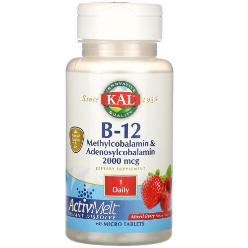 KAL, Витамин B-12 в форме аденозил метилкобаламина, ActivMelt, ягодное ассорти, 2000 мкг, 60 микротаблеток