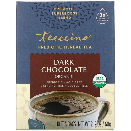 Teeccino, Prebiotic Herbal Tea, Organic Dark Chocolate, Caffeine Free , 10 Tea Bags, 2.12 oz (60 g)