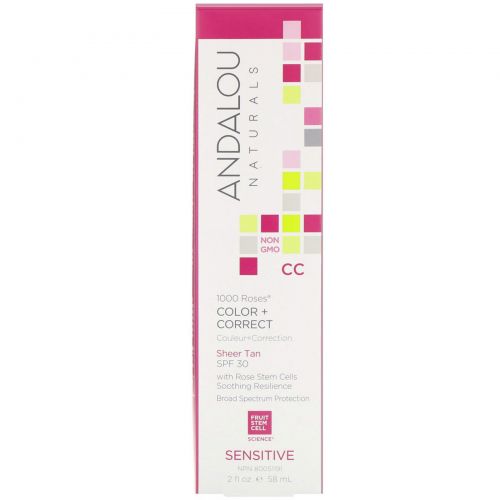 Andalou Naturals, CC 1000 Roses Color + Correct, Sheer Tan with SPF 30, Sensitive, 2 fl oz (58 ml)