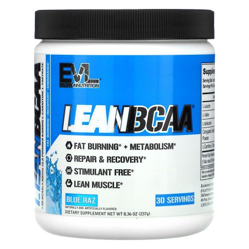 EVLution Nutrition, Stimulant Free Lean BCAA, Fat Burner, Endurance, Recovery, Build Muscle, Blue Raz, 9.4 oz (267 g)