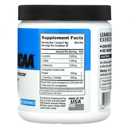 EVLution Nutrition, Stimulant Free Lean BCAA, Fat Burner, Endurance, Recovery, Build Muscle, Blue Raz, 9.4 oz (267 g)