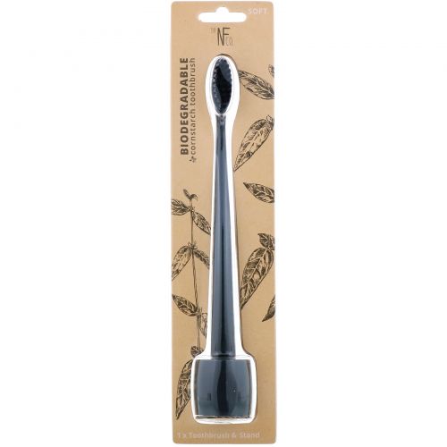 The Natural Family Co., Biodegradable Cornstarch Toothbrush, Pirate Black, Soft, 1 Toothbrush & Stand