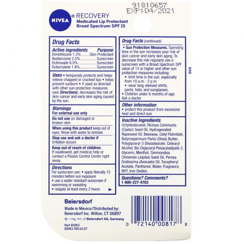 Nivea, A Kiss of Recovery, Medicated Lip Care, SPF 15, 0.17 oz