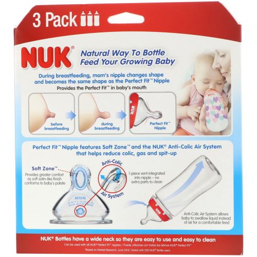NUK, Бутылка с отлично подходящей соской, от 0 месяцев, средняя, сердца, 3 бутылки с широким горлом, 300 мл (10 унций) каждая