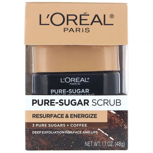 L'Oreal, Скраб Pure-Sugar, восстановление и энергия, 3 сахара + кофе, 48 г