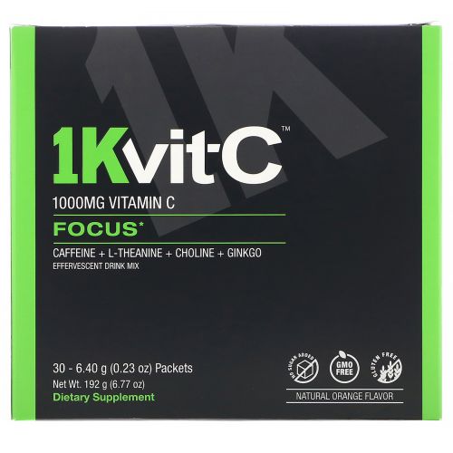 1Kvit-C, Focus, витамин C, повышение концентрации, шипучая смесь для напитка, натуральный апельсиновый вкус, 1000 мг, 30 пакетиков по 6,4 г (0,23 унции)