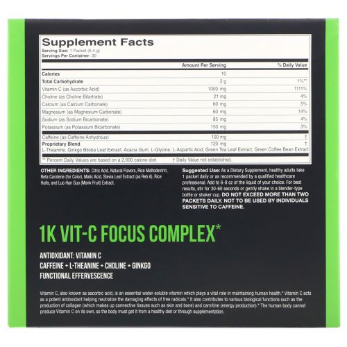 1Kvit-C, Focus, витамин C, повышение концентрации, шипучая смесь для напитка, натуральный апельсиновый вкус, 1000 мг, 30 пакетиков по 6,4 г (0,23 унции)
