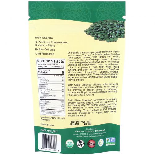 Earth Circle Organics, Organic Chlorella Tablets, 250 mg, 400 Tablets, 3.5 oz (100 g)