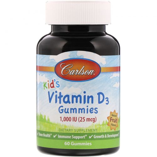 Carlson Labs, Kid's Vitamin D3 Gummies, 1,000 IU (25 mcg), Natural Fruit Flavors, 60 Gummies