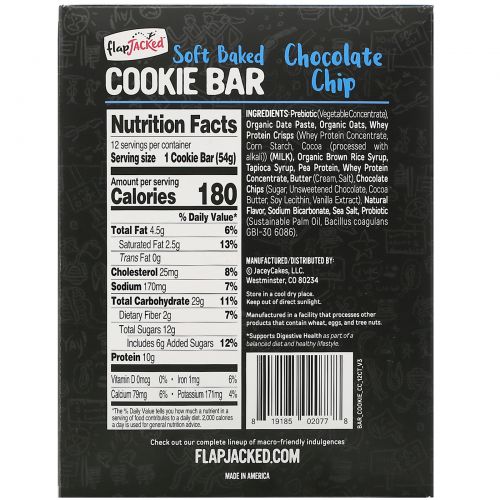 FlapJacked, Soft Baked Cookie Bar, Chocolate Chip, 12 Bars, 1.90 oz (54 g) Each