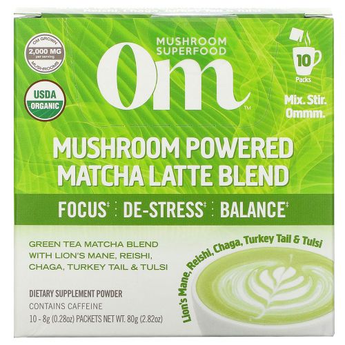 Om Mushrooms, Mushroom Powered Matcha Latte Blend, 10 Packets, 0.28 oz (8 g) Each