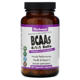 Bluebonnet Nutrition, BCAA с коэффициентом 4:1:1 (аминокислоты с разветвленной цепью), 120 вегетарианских капсул