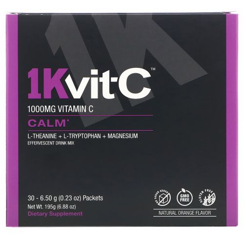 1Kvit-C, Calm, витамин C, спокойствие, шипучая смесь для напитка, натуральный апельсиновый вкус, 1000 мг, 30 пакетиков по 6,5 г (0,23 унции)