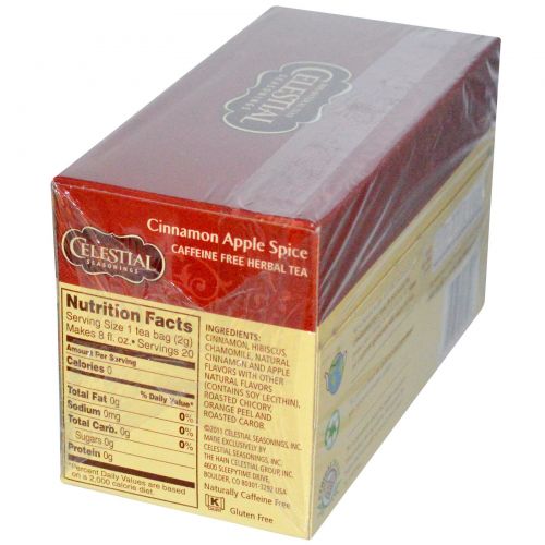 Celestial Seasonings, Вкус корицы и яблока, без кофеина, 20 чайных пакетиков, 1.7 унции (48 г)