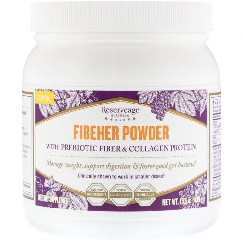 ReserveAge Nutrition, Fibeher Powder with Prebiotic Fiber & Collagen Protein, Lemon, 15.5 oz 439 g