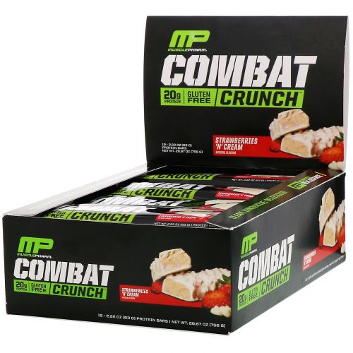 MusclePharm, Combat Crunch, клубника со сливками, 12 батончиков, 63 г (2,22 унции) каждый