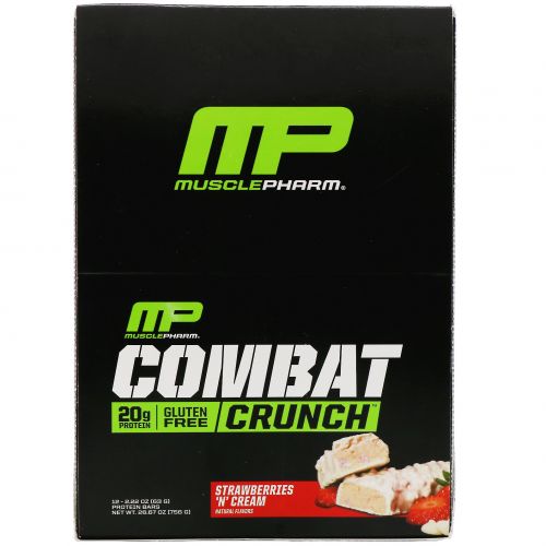 MusclePharm, Combat Crunch, клубника со сливками, 12 батончиков, 63 г (2,22 унции) каждый