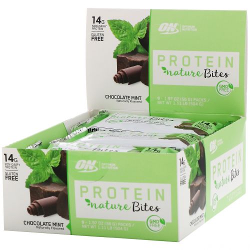 Optimum Nutrition, Protein Nature Bites, протеиновые батончики, шоколадная мята, 9 шт. по 56 г (1,97 унции) каждый