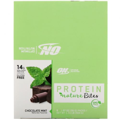 Optimum Nutrition, Protein Nature Bites, протеиновые батончики, шоколадная мята, 9 шт. по 56 г (1,97 унции) каждый