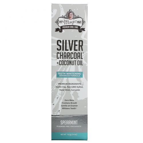 My Magic Mud, Silver Charcoal + Coconut Oil, Teeth Whitening, Fluoride-Free Toothpaste, Spearmint, 4 oz (113 g)