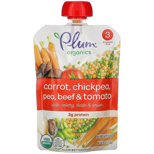 Plum Organics, Organic Baby Food, 6 Months & Up, Carrot, Chickpea, Pea, Beef & Tomato, 6 Pouches,4 oz (113 g) Each