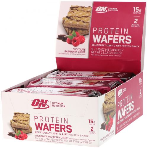 Optimum Nutrition, Protein Wafers, Chocolate Raspberry Creme, 9 Packs, 1.45 oz (41 g) Each