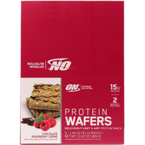 Optimum Nutrition, Protein Wafers, Chocolate Raspberry Creme, 9 Packs, 1.45 oz (41 g) Each