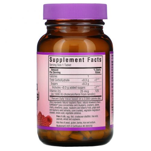 Bluebonnet Nutrition, Earth Sweet, Chewable Vitamin D3, 1000 IU, Natural Raspberry Flavor, 90 Chewable Tablets