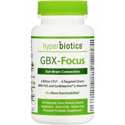 Hyperbiotics, GBX-Focus, Gut-Brain Connection, 6 млрд КОЕ, 60 запатентованных таблеток постепенного высвобождения