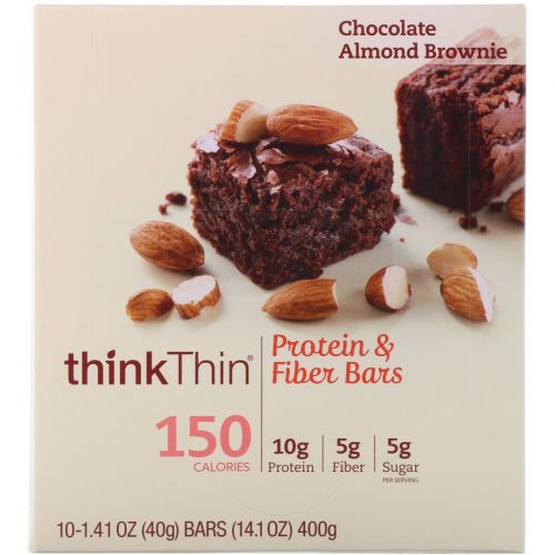 ThinkThin, High Protein Bars, Chocolate Almond Brownie, 10 Bars, 1.41 oz (40g) Each