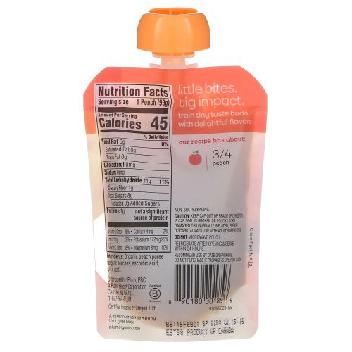 Plum Organics, Organic Baby Food, Stage 1, Just Peaches, 6 Poches, 3.5 oz (99 g) Each