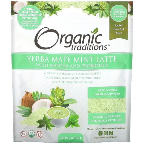 Organic Traditions, Yerba Mate Mint Latte with Matcha and Probiotics, 5.3 oz (150 g)