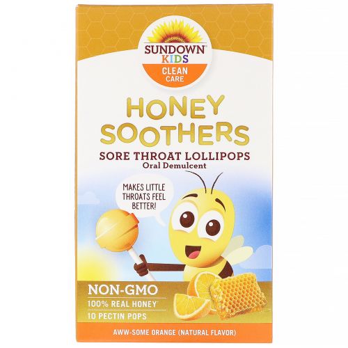 Sundown Naturals Kids, Honey Soother, леденцы от боли в горле, апельсин, 10 леденцов с пектином